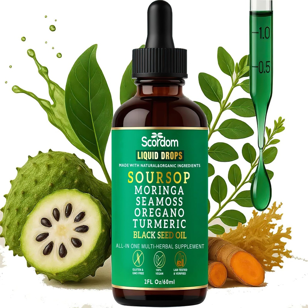 Soursop Bitters gouttes liquides 10-en-1 avec la mousse de mer, le curcuma, Moringa, l'huile de graines noires, Origan, Ashwagandha et extraits de plantes - soutient le bien-être global, végétalien, 60mL/2 Fl Oz