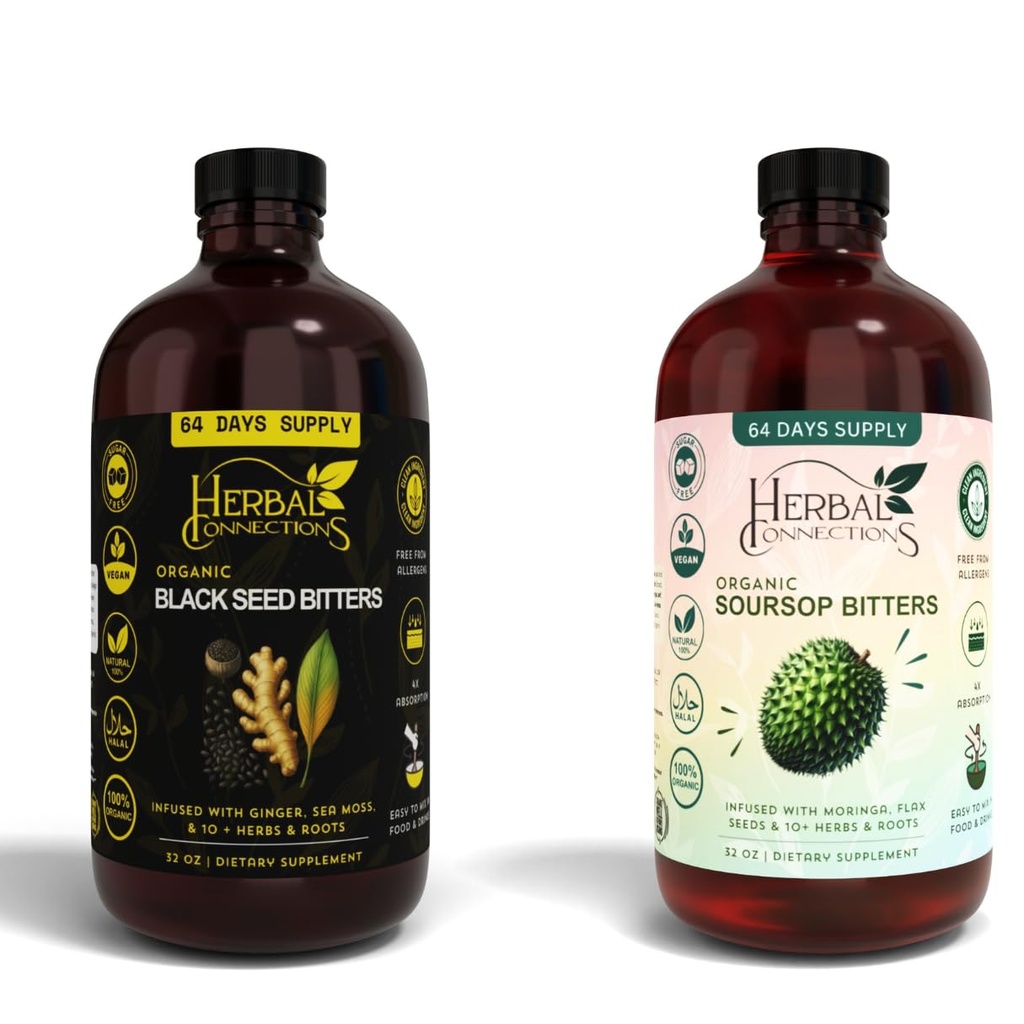 Black Seed & Sourop Bitters Bundle – 2 x 32 oz Bouteilles - 64 jours d'approvisionnement – Tonique à base de plantes biologique végétalienne pour la santé digestive et le bien-être général – Pas de sucre, Fabriqué aux États-Unis.