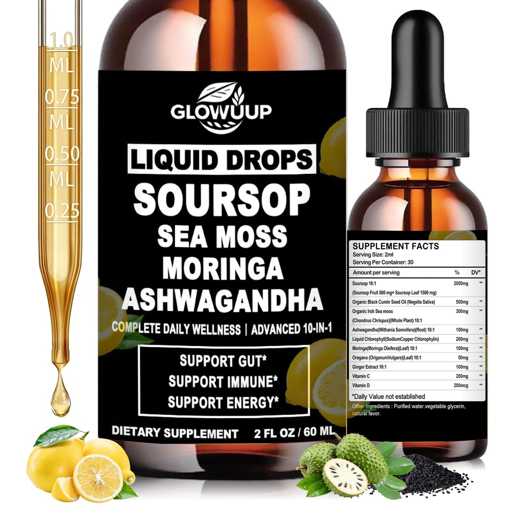 Soursop Bitters Liquid,10-in-1 Herbal Soursop gouttes avec la mousse de mer,Ashwagandha, huile de graines noires, Moringa & Oregano pour le soutien immunitaire, Gut Health, la régénération cellulaire et l'antioxydant, non-OGM, 2 Fl Oz