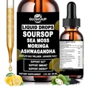 Soursop Bitters Liquid,10-in-1 Herbal Soursop gouttes avec la mousse de mer,Ashwagandha, huile de graines noires, Moringa & Oregano pour le soutien immunitaire, Gut Health, la régénération cellulaire et l'antioxydant, non-OGM, 2 Fl Oz