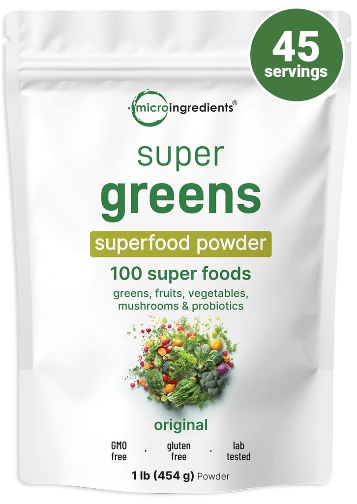 Micro-ingrédients Super Greens Poudre, 1lb, 100 super-aliments Mélange avec les verts quotidiens, fruits, légumes, champignons et probiotiques Source de protéines et enzymes véganes Non-OGM, sans gluten, sans additifs