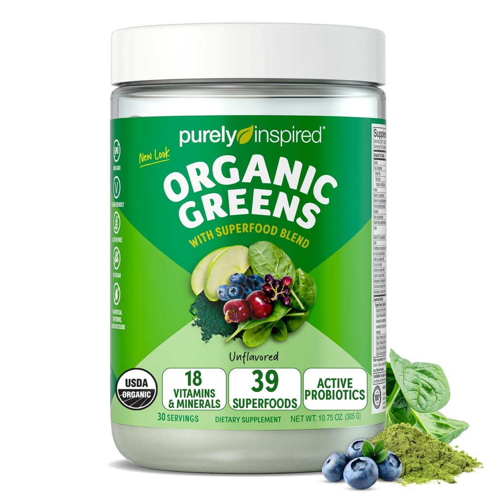 Mélange de smoothie de poudre de vert biologique purement inspiré, non aromatisé (30 portions) - Super Greens avec probiotiques, spiruline et chlorella pour la santé gustative et digestive - Vegan