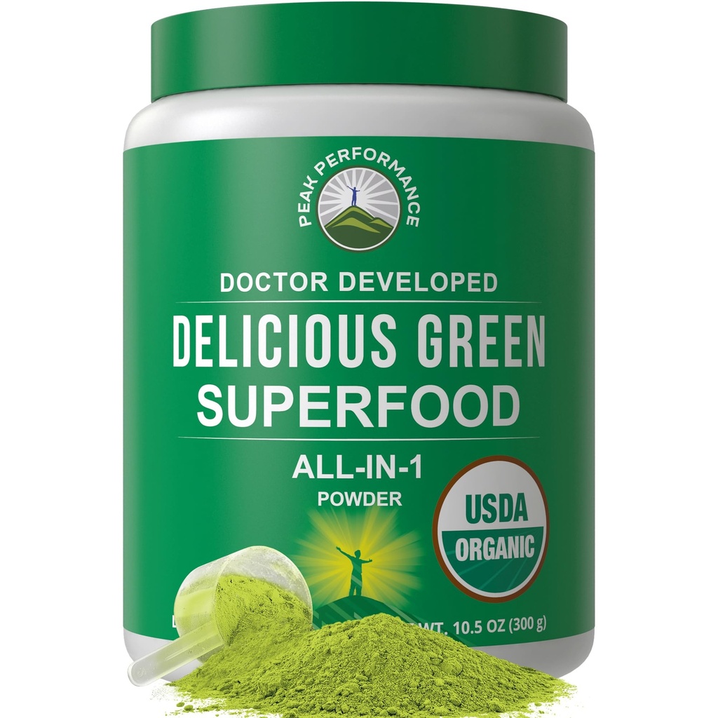 Peak Performance Bio Greens Superfood Poudre. Meilleur Tasting Super Greens Poudre avec 25+ ingrédients organiques pour Max Energy et performance athlétique. Jus vert de kéto végétalien boisson quotidienne