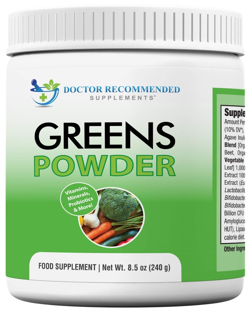 Poudre de vert recommandée par le médecin – Complément alimentaire complet – Probiotiques et enzymes digestives – goût de baie – sans gluten, sans OGM, sans lait, sans caféine, sans édulcorants artificiels
