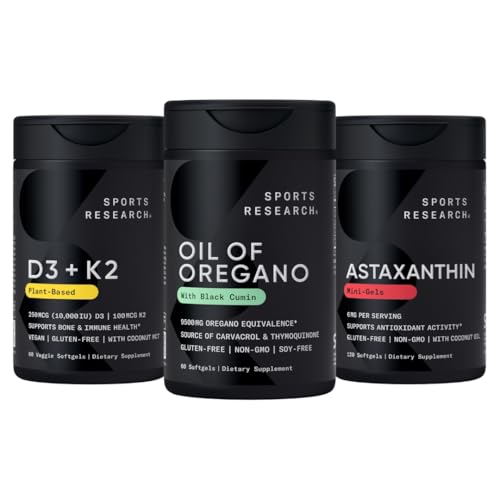 Pack de soutien antioxydant Sports Research® - Huile d'Origan 9500mg + Vitamine D3 K2 5000iu + Astaxanthine triple résistance