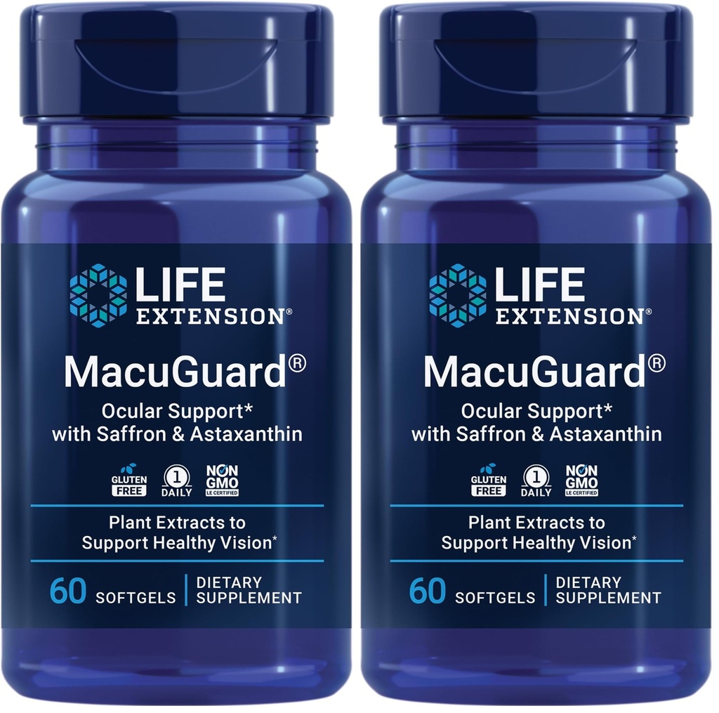 Life Extension MacuGuard Ocular Support avec Safran & Astaxanthin – Supplément santé oculaire pour une vision saine – avec Lutéine, zéaxanthin, Méso-zéaxanthin – Sans gluten, sans OGM – 60 softgels