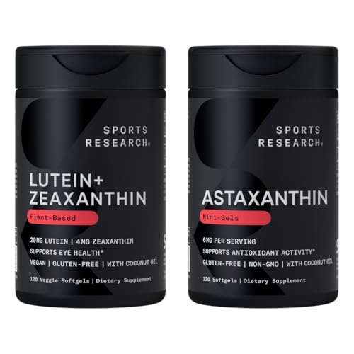 Sports Research® Eye Support - 20mg Lutein + 4mg Zeaxanthin Made with Lute-Gen® and 6mg Astaxanthin Supplement from Icelandic Astalif (120 Softgels Each)