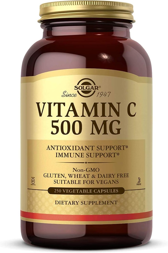 Solgar Vitamine C 500 mg, 250 capsules végétales - Antioxydants et immunosupport - Santé globale - Soutiens peau et articulations saines - Non-OGM, végétalien, sans gluten, casher - 250 portions