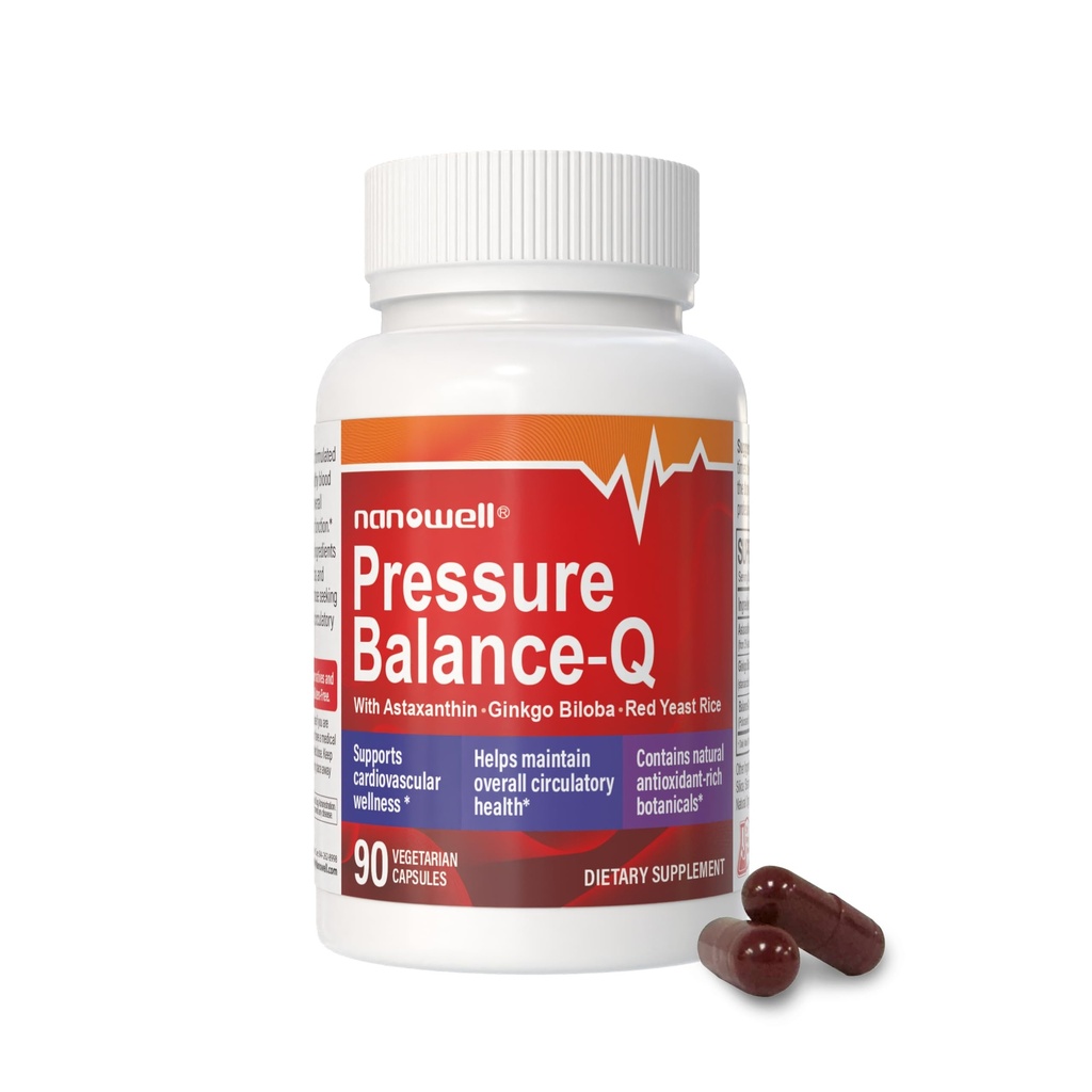 NANOWELL® Pressure Balance-Q | Antioxidant Formula with Natural Non-GMO Astaxanthin 12 mg per Capsule, Ginkgo Biloba, Policosanol, Red Yeast Rice, and Rosemary Extract | 90 Vegetarian Capsules