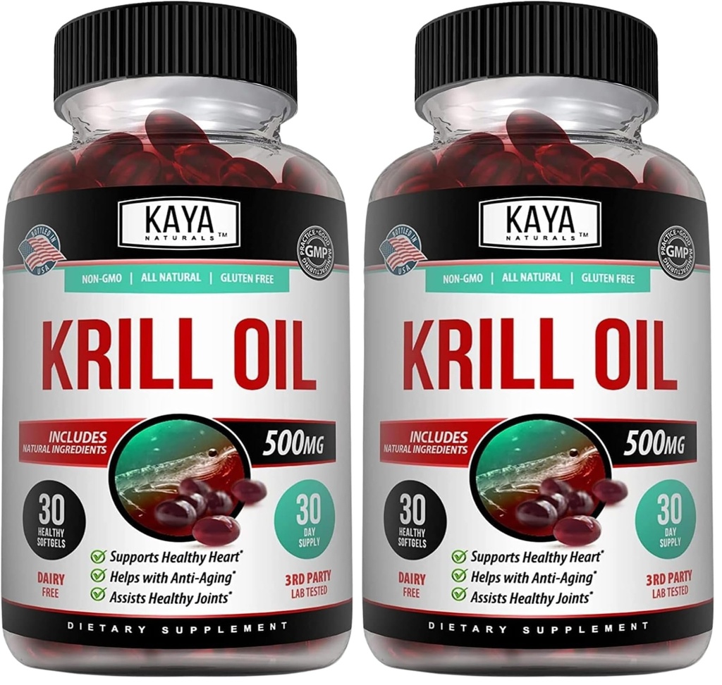 Kaya Naturals - Huile de krill de l'Antarctique 500mg avec Omega 3, EPA, DHA, Phospholipides et supplément d'astaxanthine - Cerveau et vitamine de santé - Supplément antivieillissement - 30 softgels de comte (paquet de 2)