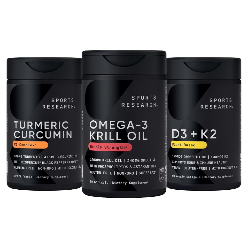Recherche sportive Huile de krill de l'Antarctique Oméga 3 1000mg (avec Phospholipides, Choline et Astaxanthin), Complexe Curcumine C3 (avec Pepper noir biopérine et huile de coco) et Vitamine D3 à base végétale + K2