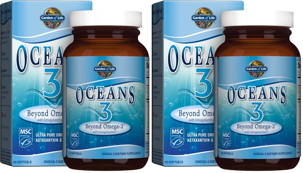 Garden of Life Oceans 3 Beyond Omega-3 avec OmegaXanthin, EPA, Suppléments DHA, Huile de poisson avec 1200 mg Omega 3, Astaxanthin et extrait d'algues brunes - 60 Softgels, (paquet de 2)
