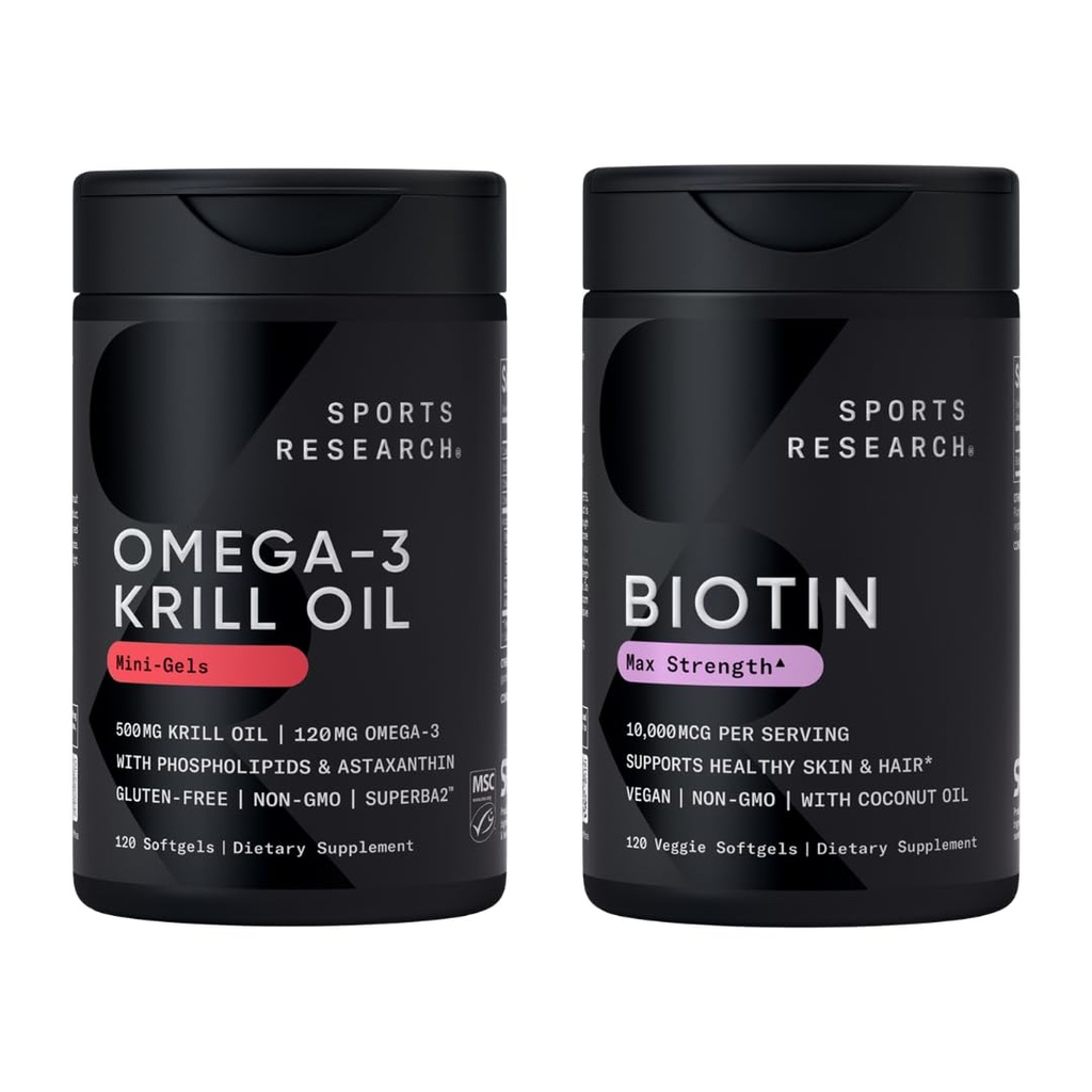 Sports Research® Glow and Flow Pack - Omega-3 Krill Oil 500mg - Pure Antarctique Superba Krill avec Phospholipides, Choline & Astaxanthin & Biotine 10 000mcg avec Huile de coco biologique (Vitamine B7)