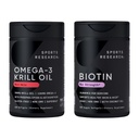 Sports Research® Glow and Flow Pack - Omega-3 Krill Oil 500mg - Pure Antarctique Superba Krill avec Phospholipides, Choline & Astaxanthin & Biotine 10 000mcg avec Huile de coco biologique (Vitamine B7)
