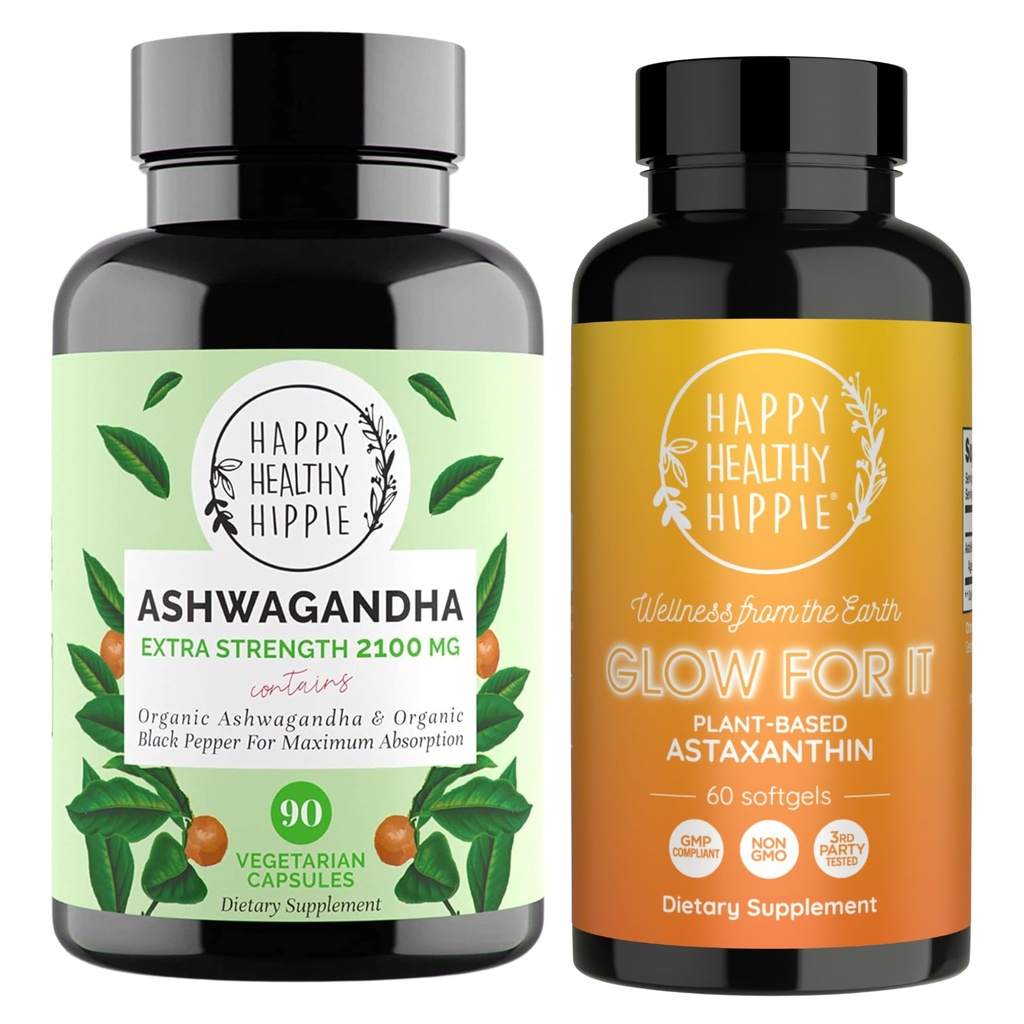 Happy Healthy Hippie Glow pour It Astaxanthin Supplément et Capsules d'Ashwagandha bio