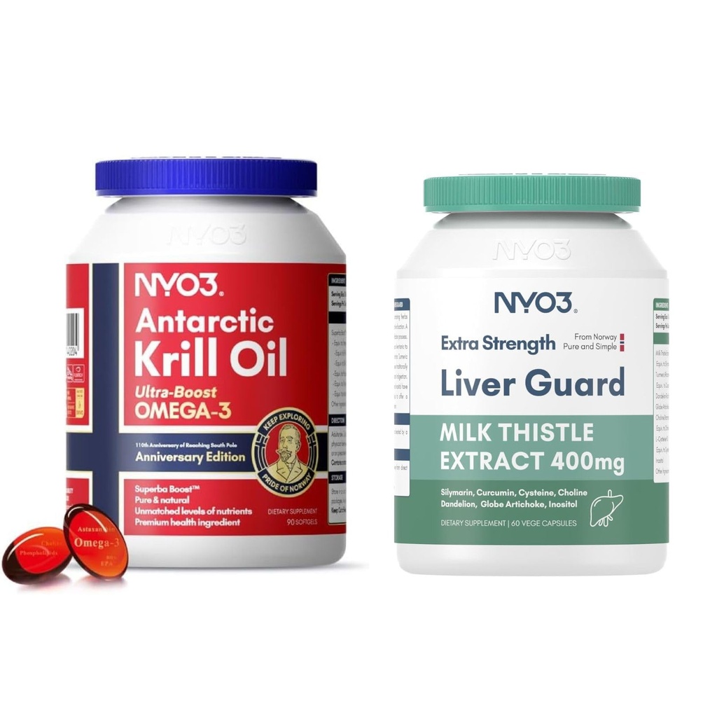 Huile de krill Omega 3 Supplément 1000mg et supplément de détox du foie de chardon de lait 400mg, 2 Pack