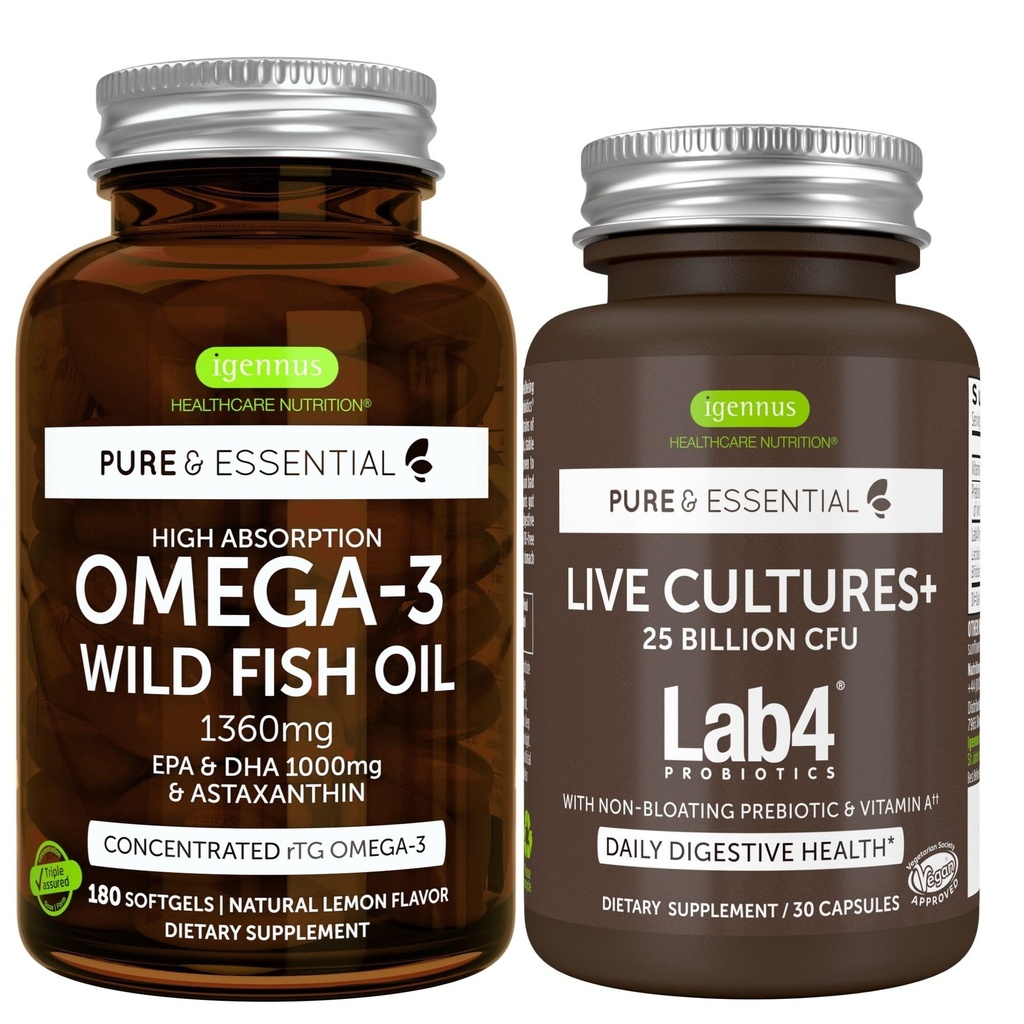 Pure et essentielle Haute absorption Oméga-3 Huile de poisson sauvage 1360mg + Cultures vivantes+ Lab4 Probiotiques Bundle, 1000mg EPA & DHA avec Astaxanthine + 25 Million CFU Lactobacillus Acidophilus & Bifidobacterium wi