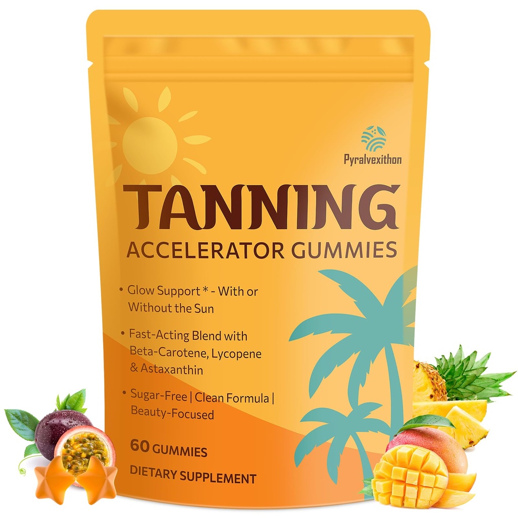 Gummies de bronzage avec astaxanthine pour les femmes et les hommes. Supplément de bronzage sans soleil avec bêta-carotène, lycopène, collagène et vitamines.