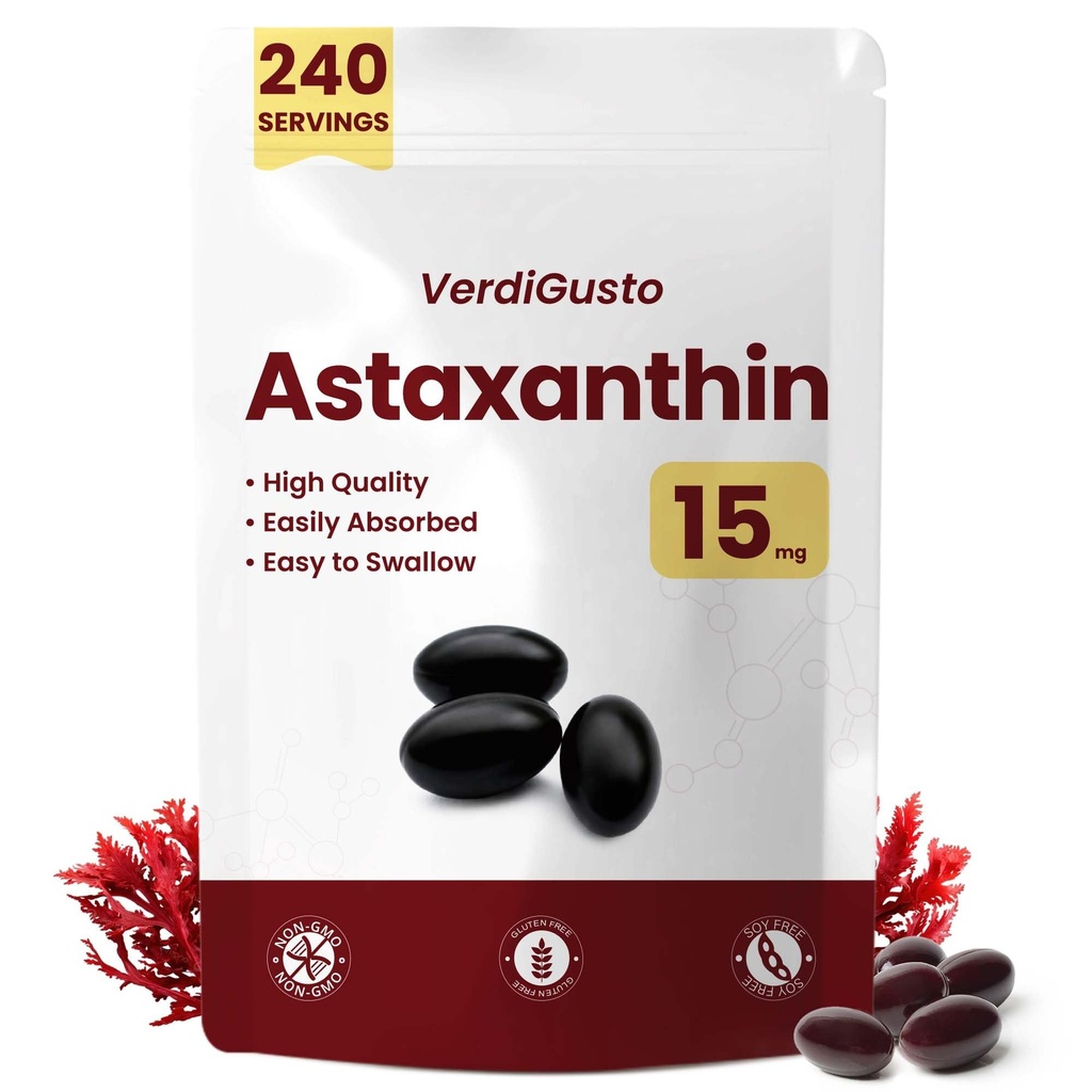 15mg Astaxanthin, 240 Softgels, suppléments d'astaxanthin, 8 mois d'approvisionnement, support antioxydant, santé des yeux et de la peau, circulation interne, sans OGM, sans gluten, sans soja
