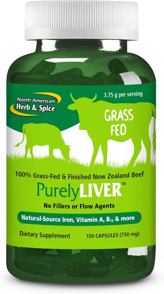 NORTH AMERICAN HERB & SPICE PurelyLiver - 150 Capsules - Boeuf de Nouvelle-Zélande fini 100% gazonné avec vitamine A, B12 et fer - 30 portions