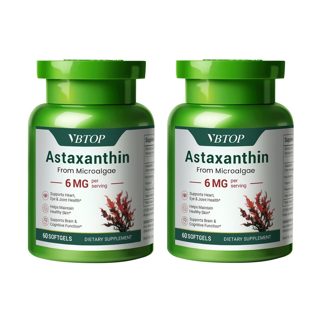 2 bouteilles Astaxanthine 6 mg, supplément d'astaxanthine Premium avec activité antioxydante, soutient la santé des yeux, de la peau, des articulations et du système immunitaire. Source de microalgues fraîches, non OGM, sans gluten - 120 softgels