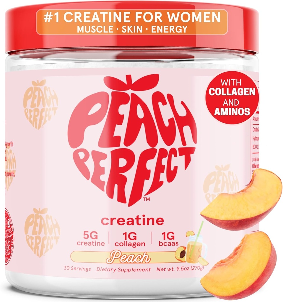 Peach Perfect Creatine Monohydrate Powder, Glute Builder Creatine for Women with Collagen, BCAAs, 5g Vegan Micronized Creatine per Serving, for Energy, Muscle Support, 30 SVG, Peach Flavor