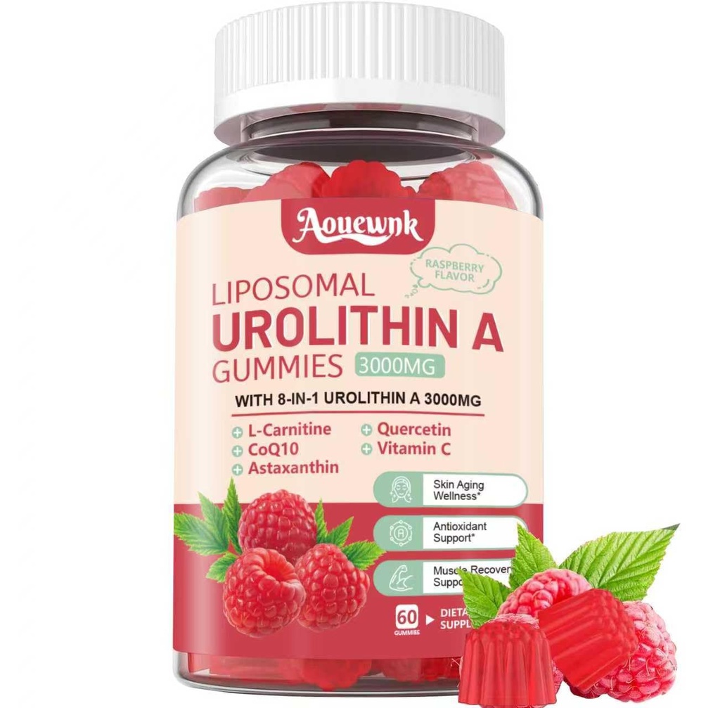 1 Pack 3000mg Urolithine liposomique A 8-en-1 Gommies Supplément, contient CoQ10, Resvératrol, L-Carnitine, Quercetine, Vitamine C, Astaxanthine, Mito & Cell Support, Anti-Age, Métabolisme et stimulation énergétique