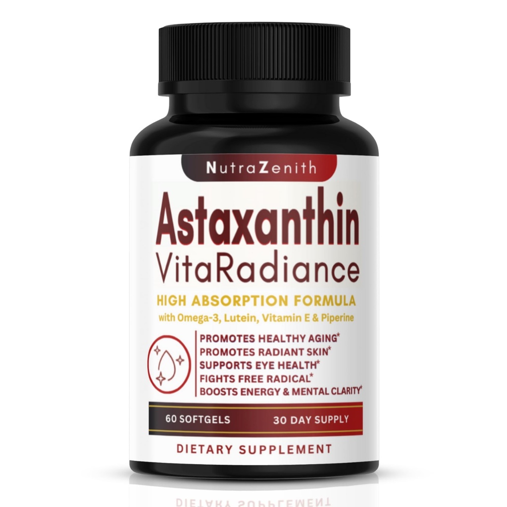 Supplément d'astaxanthine avec Omega-3, Vitamine E & Lutéine – 60 Capsules pour Super Antioxydant Soutien, Augmentation d'énergie, Clarté mentale et soins des yeux et de la peau – Formule triple-Action (Complexe puissant antioxydant)