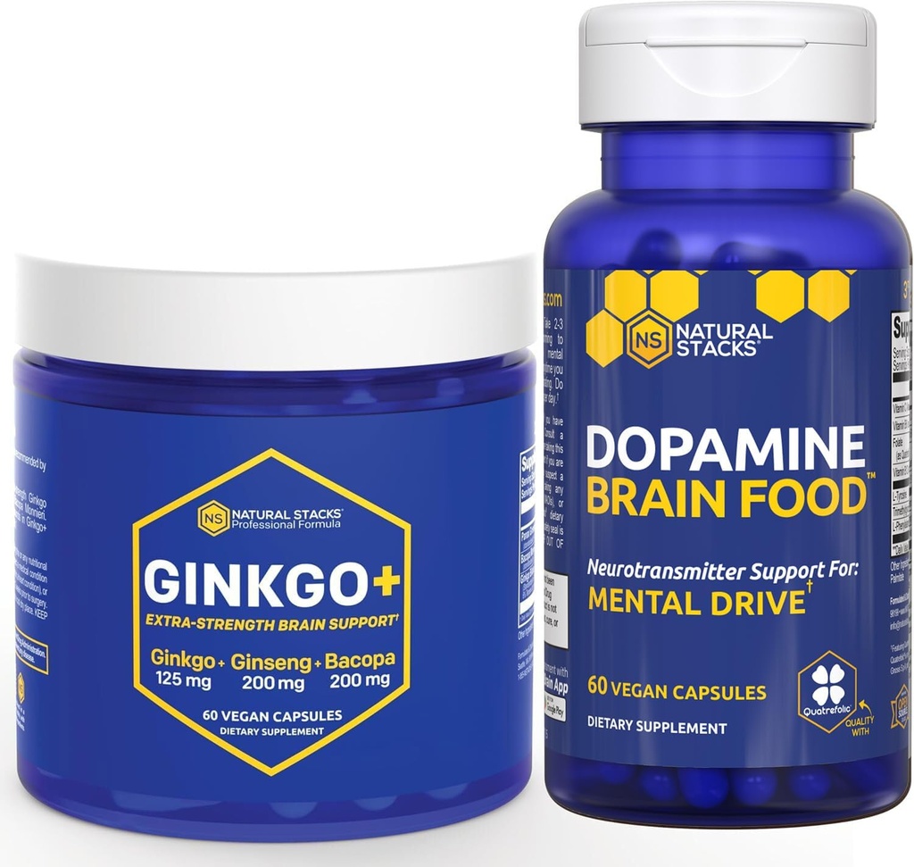 STACKS NATURELS Ginkgo Biloba + Dopamine Brain Food Bundle - Supports Focus & Mental Drive* - 120 Capsules Total