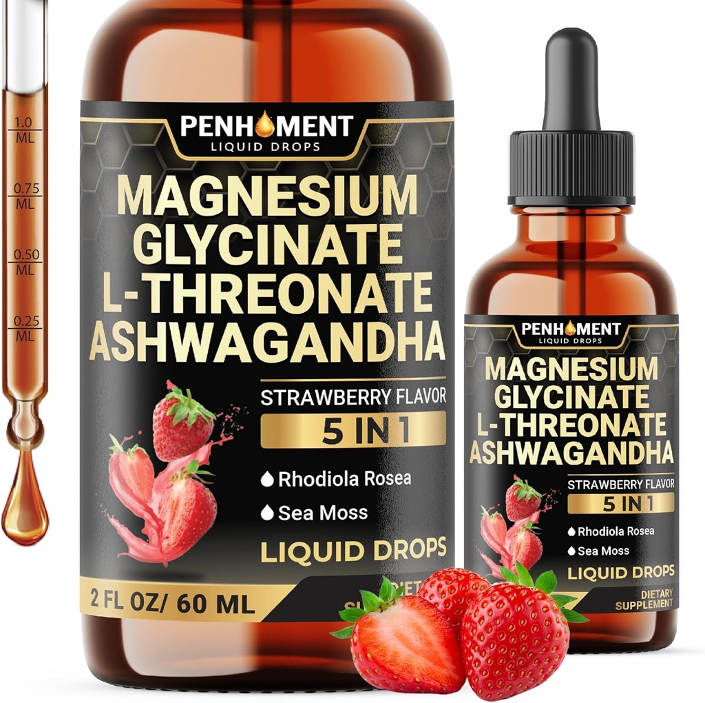 5en1 Glycinat de magnésium gouttes liquides avec extrait d'Ashwagadha, Magnésium L-Thréonate, Rhodiola Rosea, Sea Moss - Soutien du cerveau et Immune - 2 Fl Oz - Approvisionnement 30 jours - Fraise Flavor