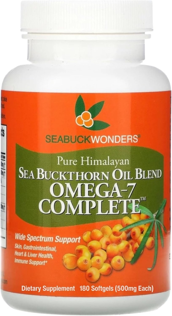 SeabuckWonders Huile de Buckthorn de mer biologique, Omega-7 Complete Softgels, 180 Compte, avec Omega 3, 6 et 9, soutient la santé des cheveux, de la peau et des ongles, 1000mg par service