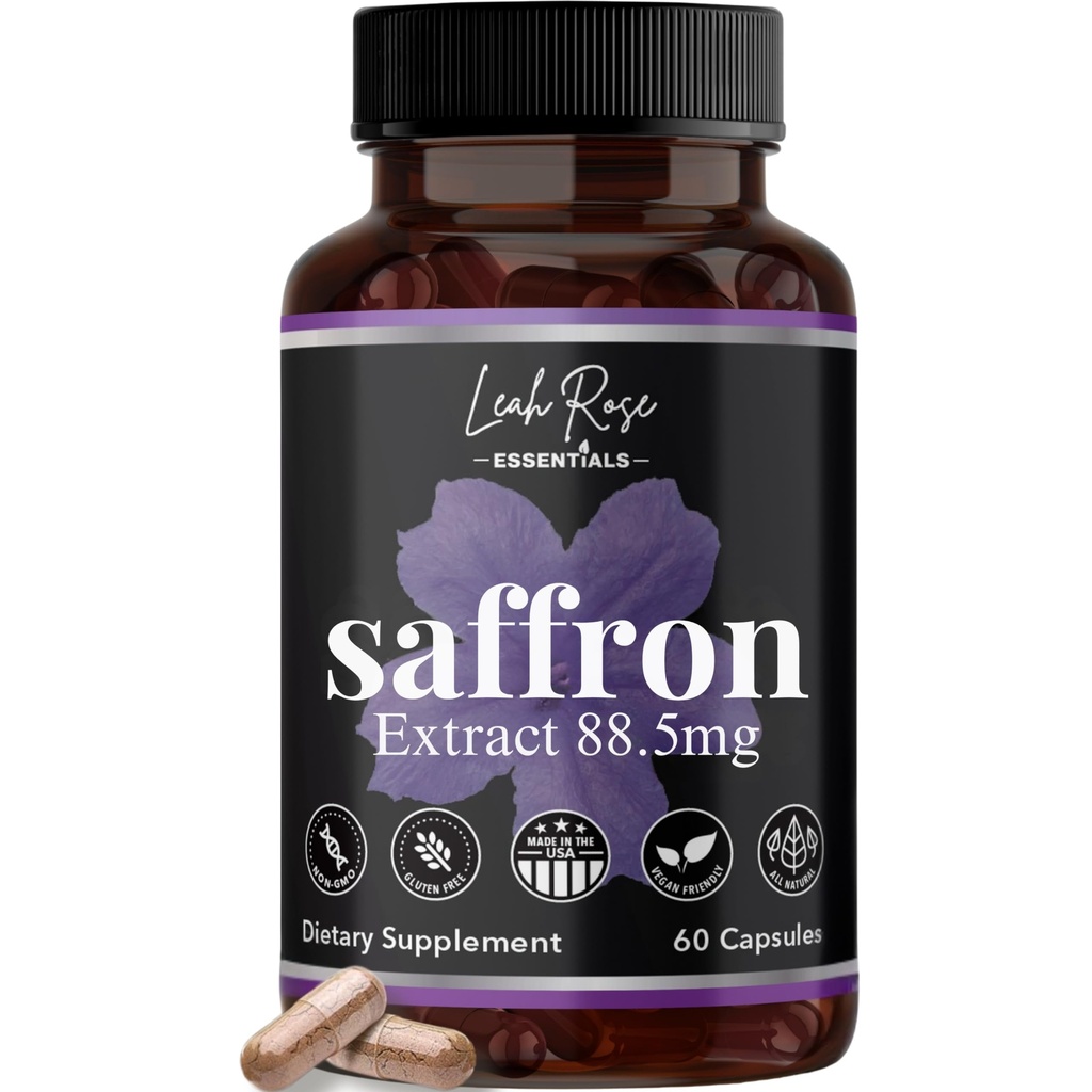 Supplément de safran 88,5mg de support de l'humeur, du focus et du stress 60 capsules d'extrait de safran Premium fabriquées aux États-Unis