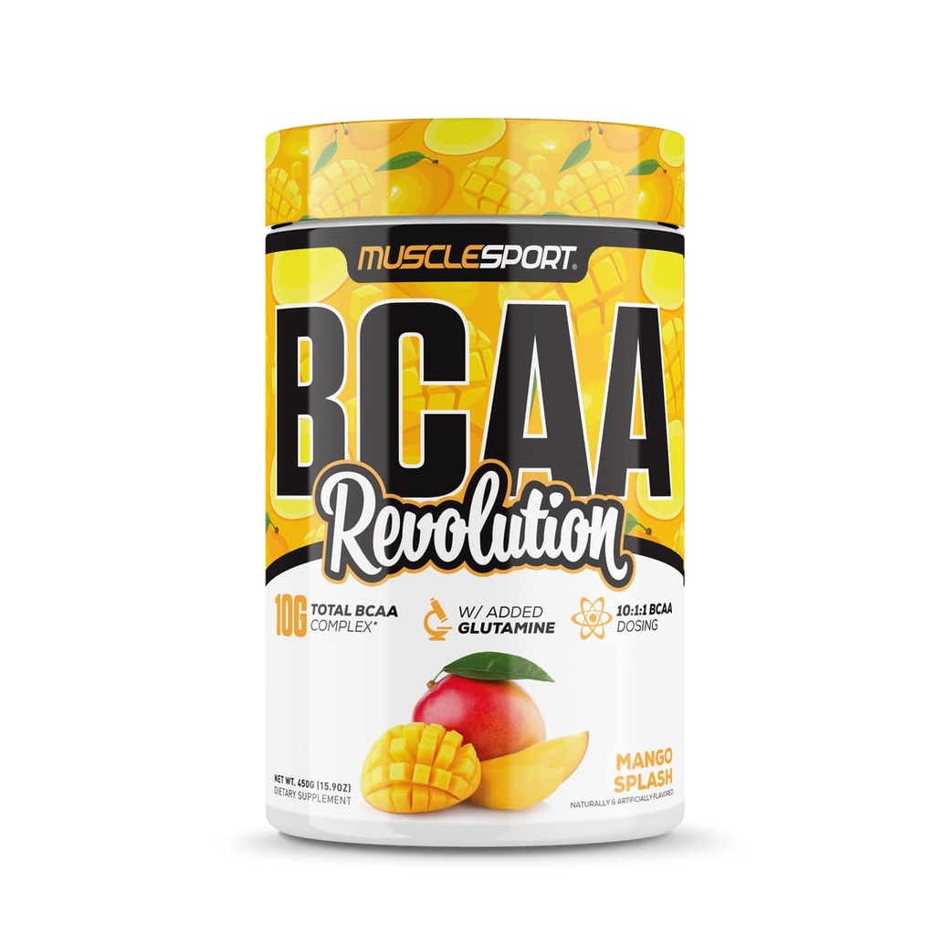 Musclesport BCAA Revolution Amino Acid Poudre Supplément pour hommes et femmes - Complexe d'entraînement intra-entraînement - Supplément de récupération (Mango Splash, 30 portions)