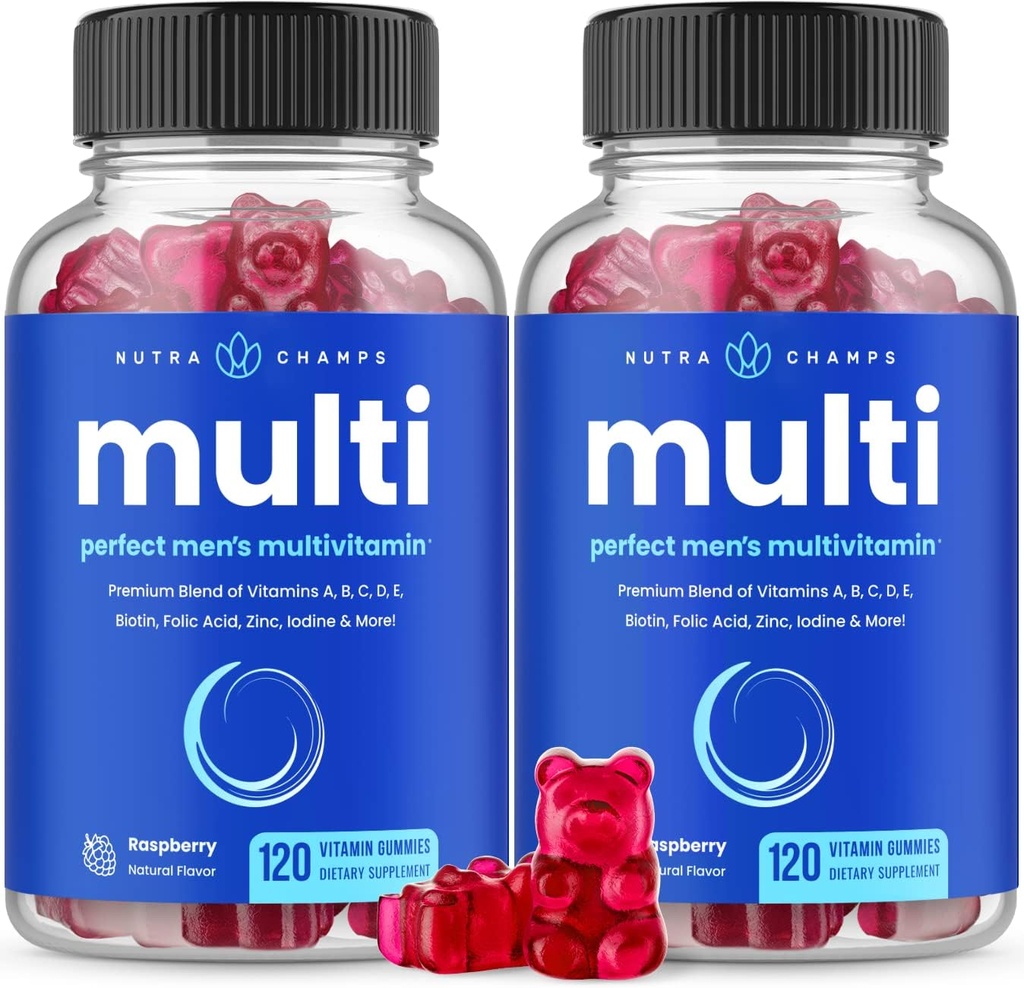 Multivitamines NutraChamps pour les hommes, 240 Compte, Vitamines A, B, C, D, E, Biotine, Zinc, Supplément de multivitamines Gummy pour hommes, Vitamines Gummy quotidiennes à croquer pour les hommes (paquet de 2)