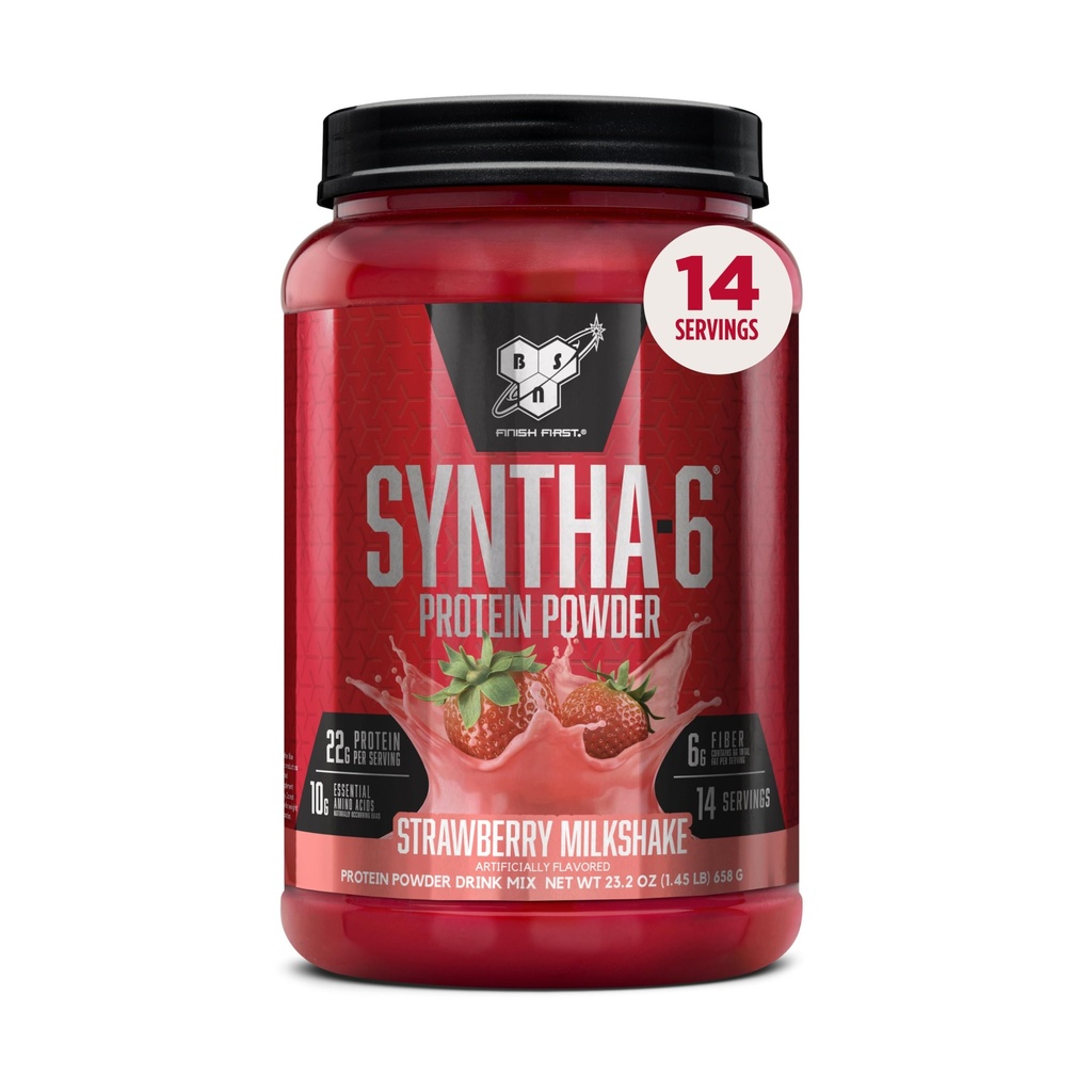 BSN SYNTHA-6 Poudre de protéines premium avec 6g de fibre, d'isolat de lactosérum, de caséine micellaire, d'isolat de protéines de lait, 6g de graisse, de milkshake de fraise, 14 portions, 1,45 livre (paquetage mai vary)