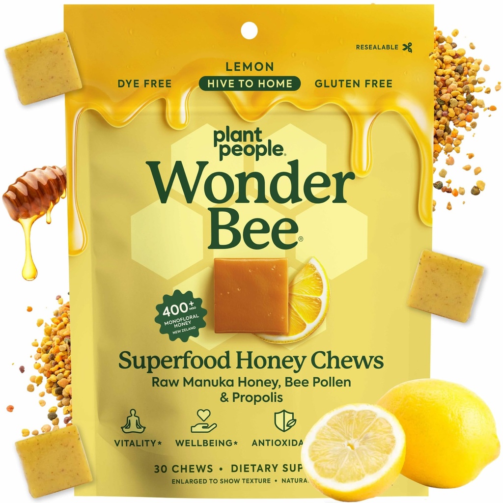 Plant People WonderBee Superfood Manuka Honey Chews – Daily Wellness & Energy Support – Bee Pollen & Propolis – Supplément sans gluten (30 comte)