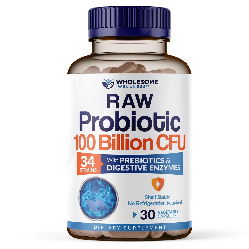 Bien-être sain Bio Probiotiques crus 100 milliards CFU, Dr Formulé pour les femmes et les hommes, Supplément complet pour adultes avec prébiotiques et enzymes digestives; 30 capsules, plateau stable