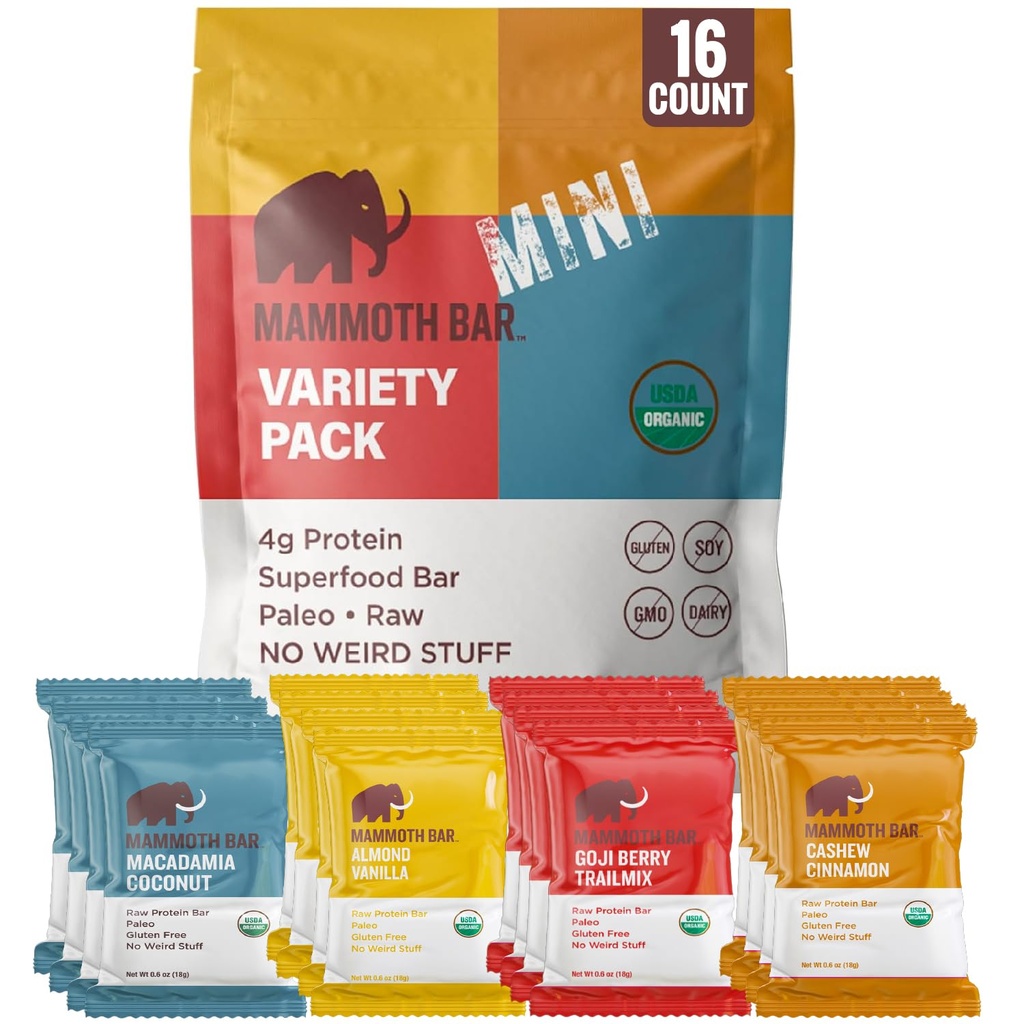 Mammoth Bar Mini - Paquet varié de nos mini barres de protéines organiques – faites avec des noix de prime et protéines blanches d'oeuf • biologique • Paléo • sans gluten • sans OGM • cru - 16 mini barres