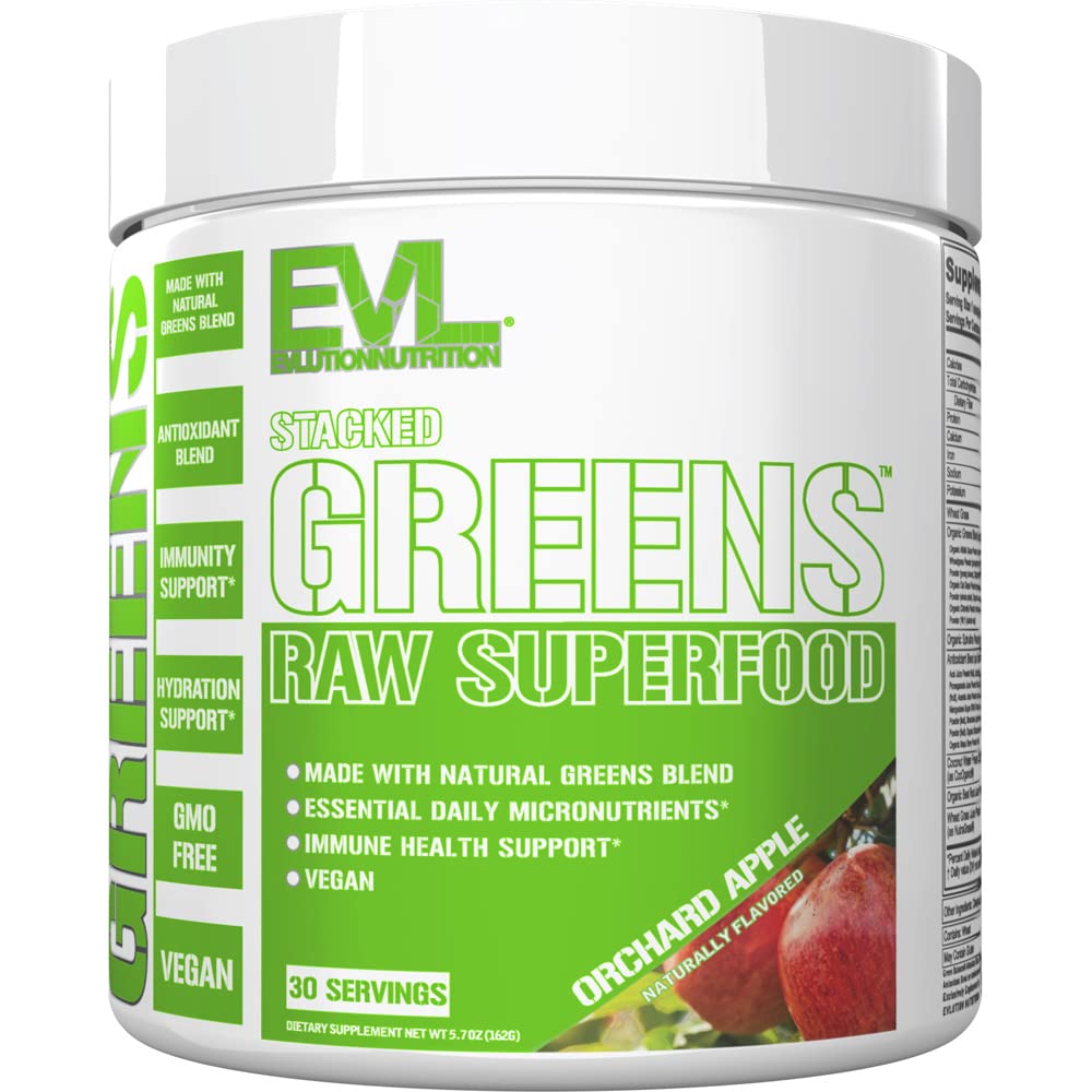 Evlution Nutrition Verts empilés - Superfood cru - Fabriqué avec des verts naturels Mélange + Micronutriments quotidiens essentiels - Immunité + Support d'hydratation - Vegan & sans OGM - 30 portions - Orchard Apple