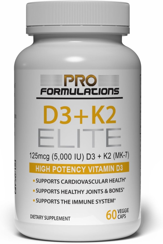 Pro Formulations MD D3 + K2 Elite – Vitamine D3 + Vitamine K2 – Approvisionnement de 60 jours – Haute puissance, Biodisponible MK-7
