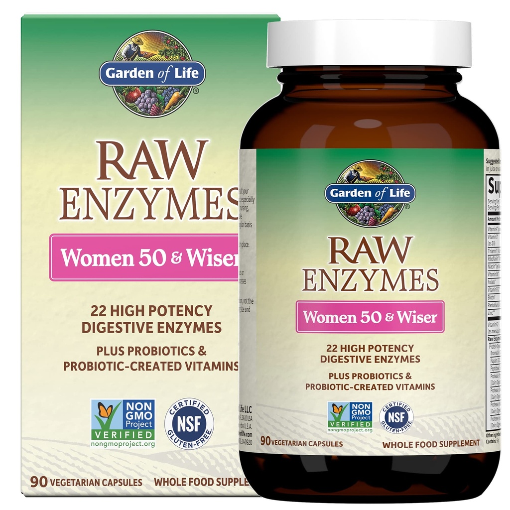 Garden of Life 22 Enzymes digestifs pour femmes 50 et plus avec Bromelain, Papain & Lactase plus Probiotiques & Vitamines B12, Biotine & Zinc – Enzymes RAW – Non-OGM, Sans gluten, Végétarien, 90 capsules