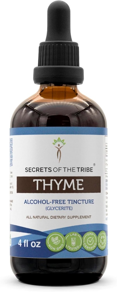 Secrets du Tribe Thyme Extract liquide sans alcool, Thyme (Thymus Vulgaris) Supplément de teinture à feuille séchée (4 FL OZ)