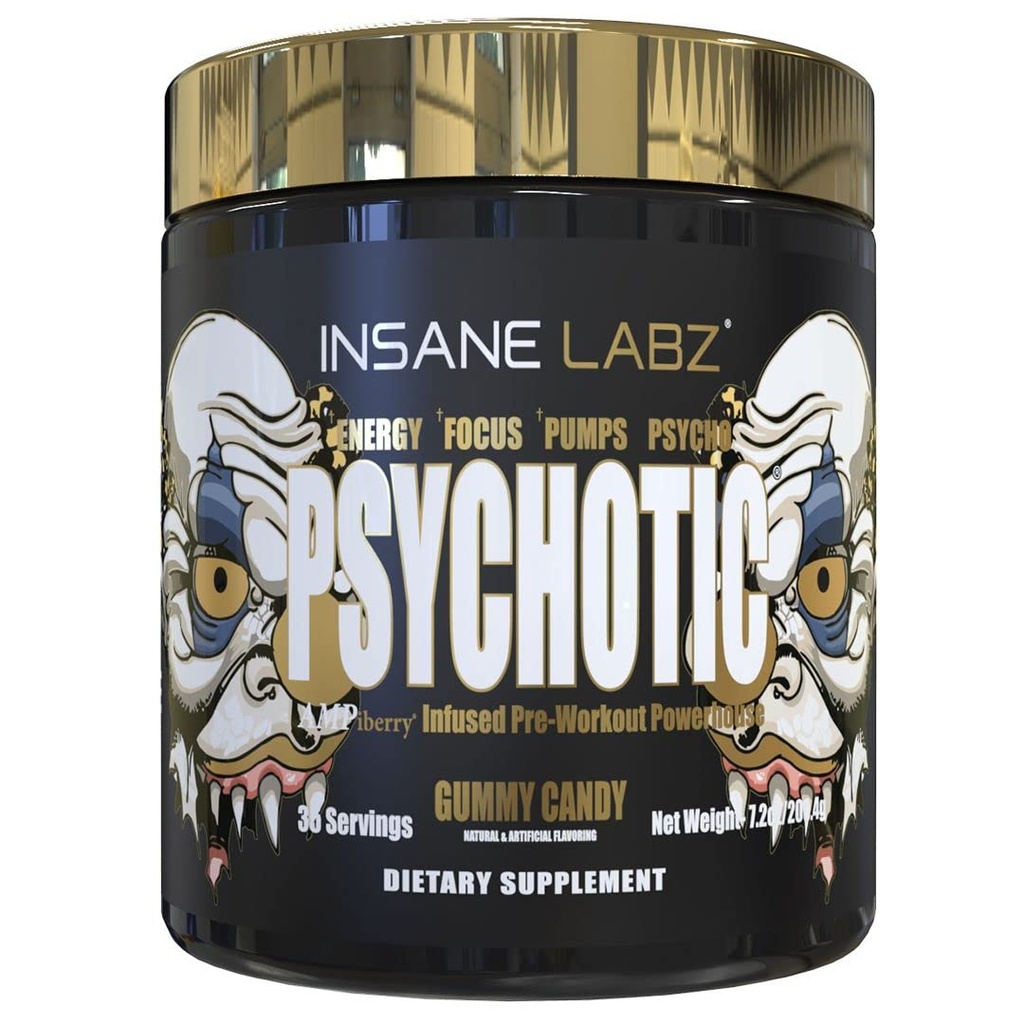 Insane Labz Or psychotique, Poudre de pré-entraînement stimulante, Focus énergétique extrême, Pompes et Endurance avec Beta Alanine, DMAE Bitartrate, NO Booster (35 portions, Gummy Candy)