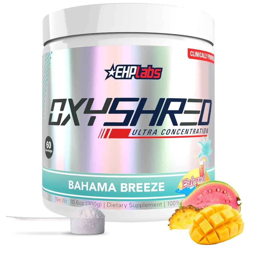 EHP Labs OxyShred Pre Workout Powder - Preworkout Powder with L Glutamine & acétyl L Carnitine, Energy Boost Drink - Bahama Breeze/Beach, 60 portions