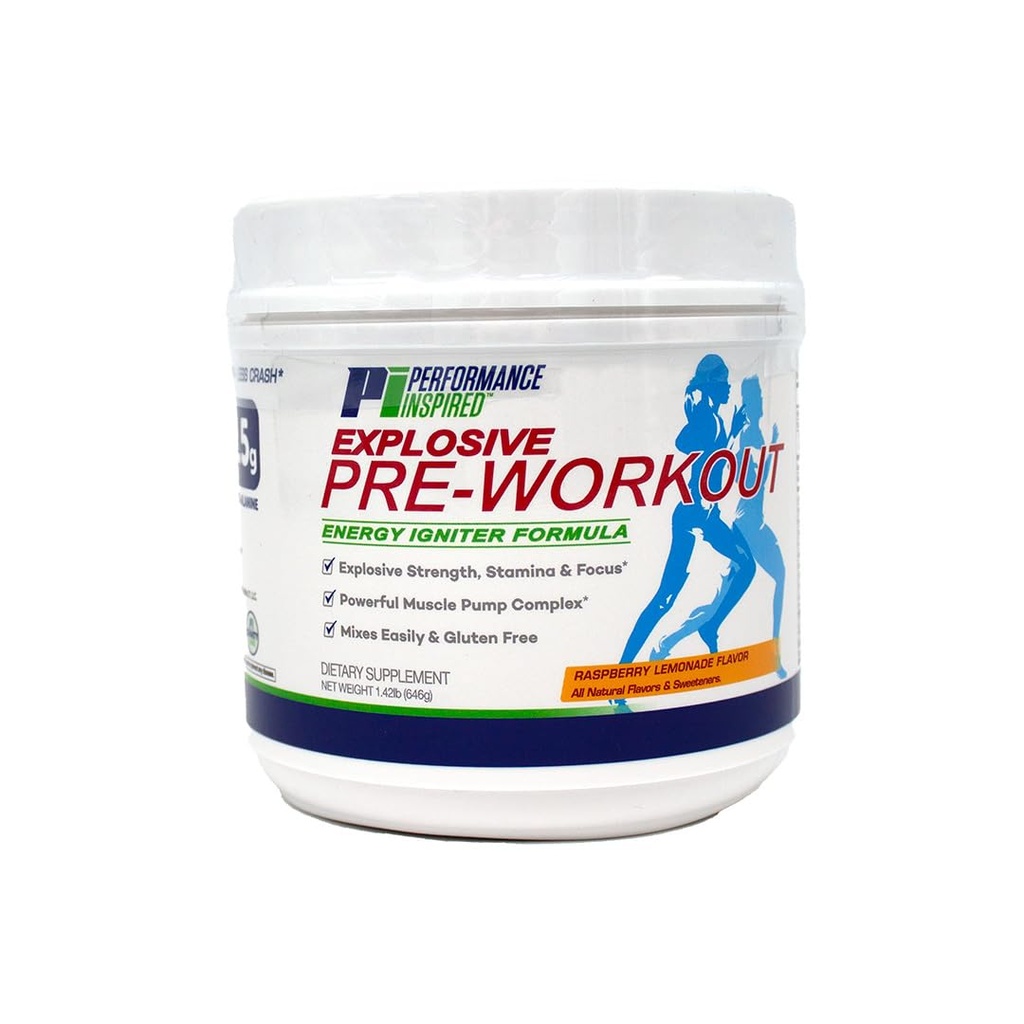 Performance Inspired Nutrition Pre-Workout Powder - All Natural - G-Free & Vegan Formula - Contient Citrulline - Nitrosigine - Thé Vert - Arginine - Beta Alanine - Lémonade aux framboises - 23.84 Ounce