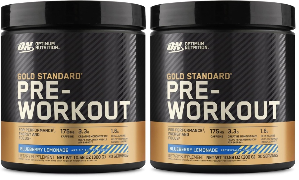 Optimum Nutrition Or Standard Pré-entraînement, Vitamine D pour le soutien immunitaire, avec Créatine, Beta-Alanine et Caféine pour l'énergie, Keto Friendly, Blueberry Lemonade, 30 portions, (paquet de 2)