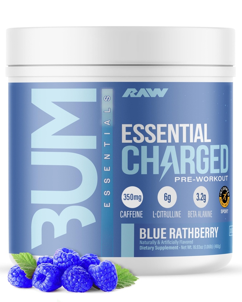 RAW poudre de pré-entraînement, essentielle CHARGED (Rathberry bleu) - Supplément de pré-entraînement pour les hommes et les femmes - Supports Focus, Mood, & Performance - Caféine, Alpha-GPC, L-Citrulline, Beta Alanine (25 portions)
