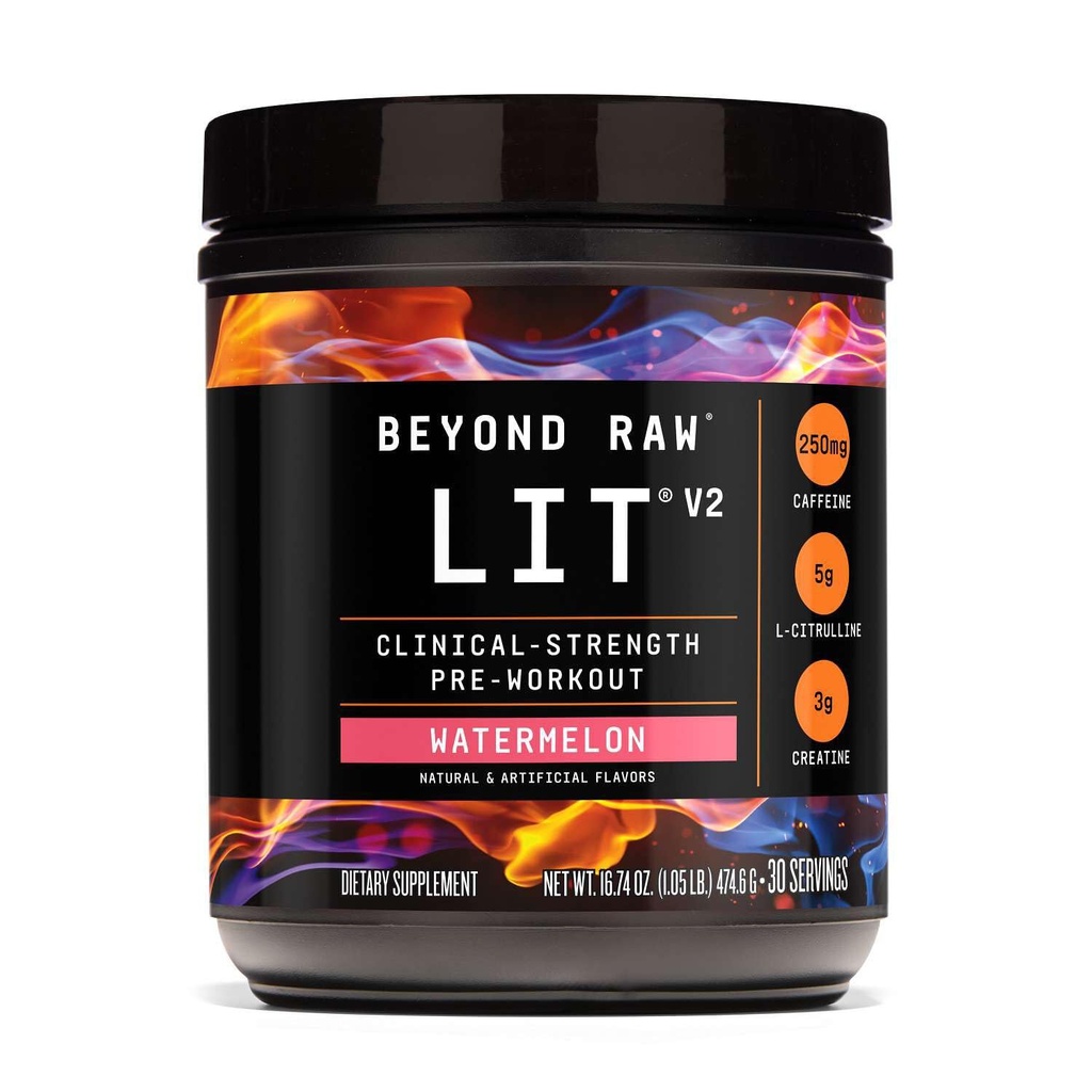 BEYOND RAW LIT V2 Clinical Strength Pre Workout Powder, frappe plus dur, pompes plus grandes, caféine, L-Citrulline, créatine, pastèque, 30 portions