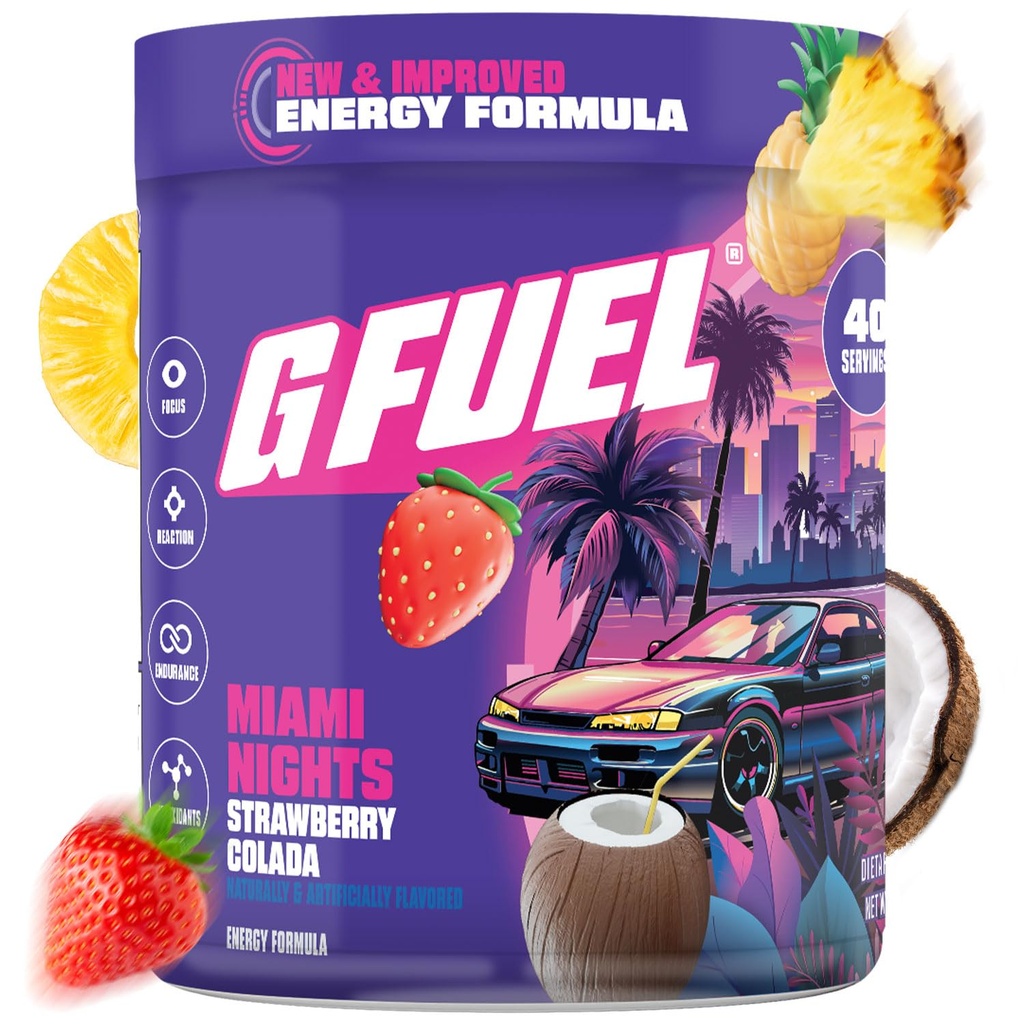 G Carburant Miami Nights 2.0 Energy Drink Powder, Pré-entraînement Mélange de caféine pour le jeu, sans sucre Amino Focus, Vitamine + Antioxydants, 8.7oz (Pina Colada Strawberry, 40 portions)