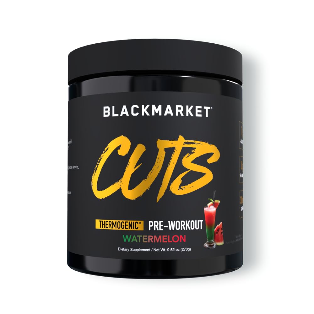 BLACKMARKET CUTS Pre Workout - Mélange de boisson en poudre d'énergie aromatisée pour les hommes et les femmes, idéal pour la définition musculaire, thermogénique, sans créatine (Watermelon, 30 portions)